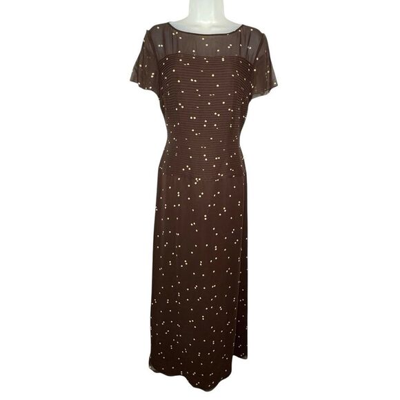 Kay Unger Silk Brown with Ivory Polka Dots Sz. 8 - Picture 1 of 13